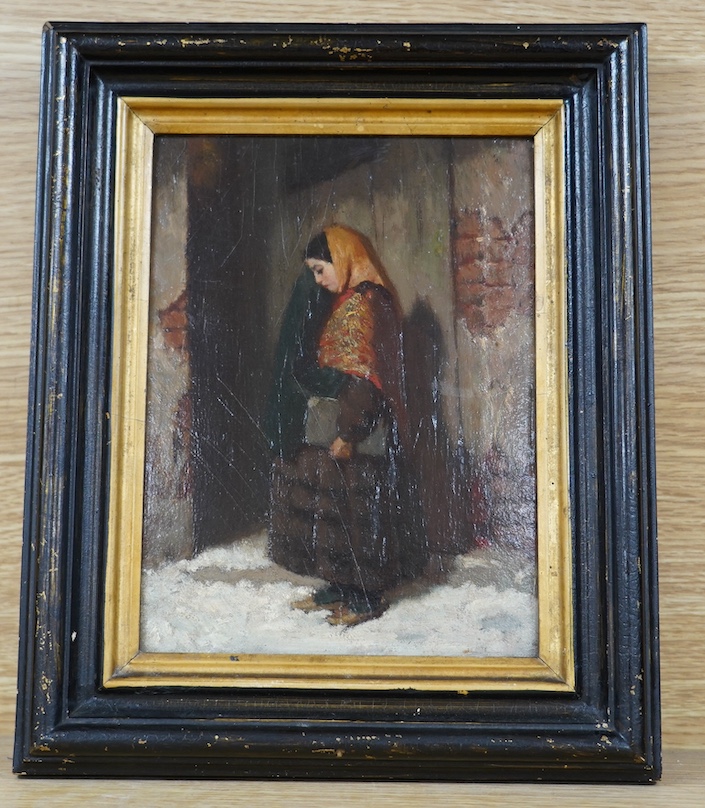 Manner of Josef de Groot (Dutch, 1828-1899), oil on panel, Full length study of a girl, 20.5 x 15cm. Condition - good